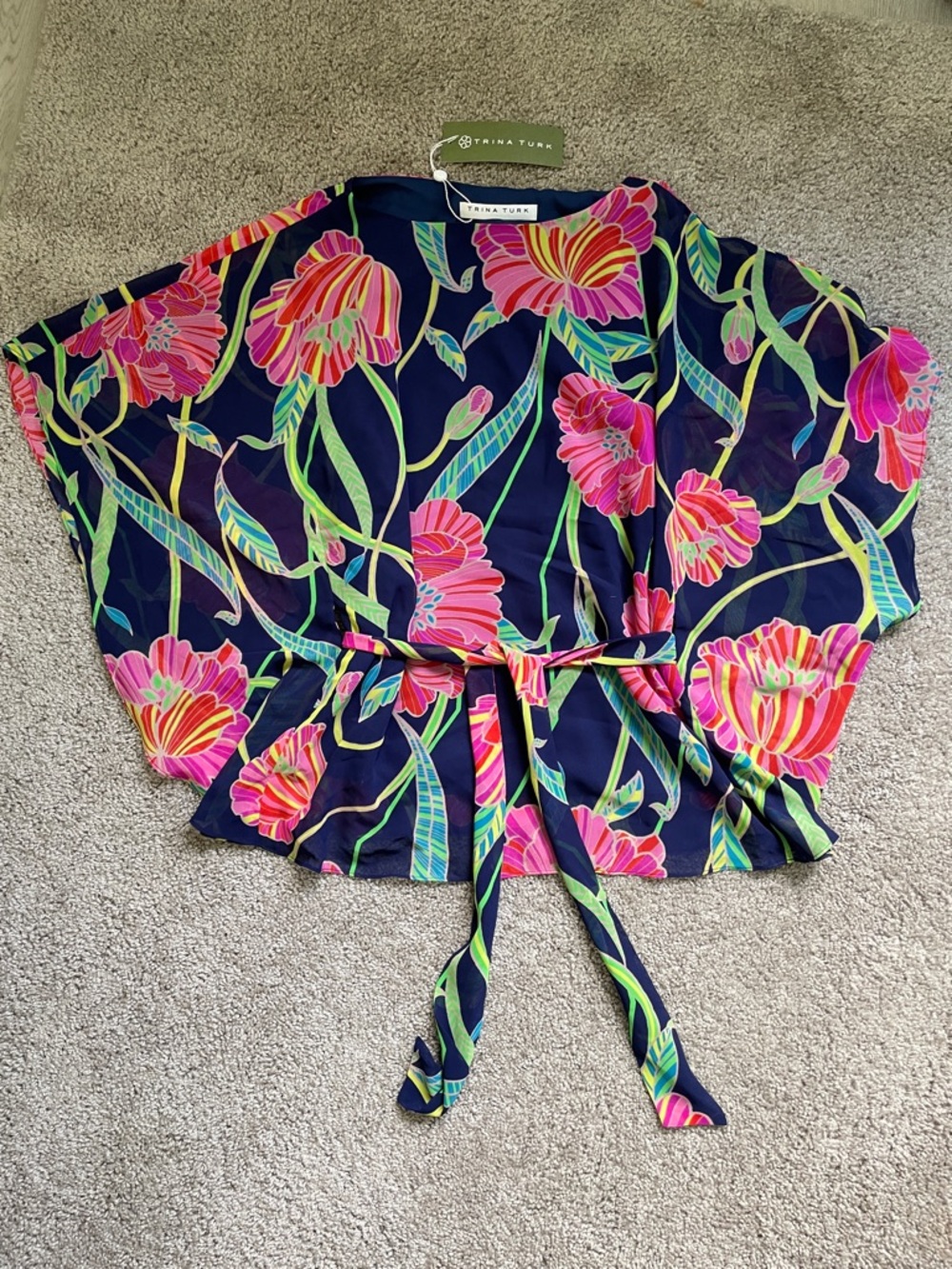 Trina Turk Navy Multi-Color Floral Tie-Waist Blouse Size XS